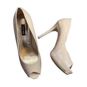 Nine West Hethr‎ 3 Heels Women's Size 9.5M Light Natural Beige Color Peep Toes